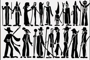 Color: Black lines
Background: Blank
Description: A tall and thin man, walking west, holding a staff in his left hand tattoo idea