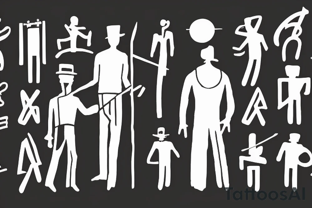 Color: Black lines
Background: Blank
Description: A tall and thin man, walking west, holding a staff in his left hand tattoo idea