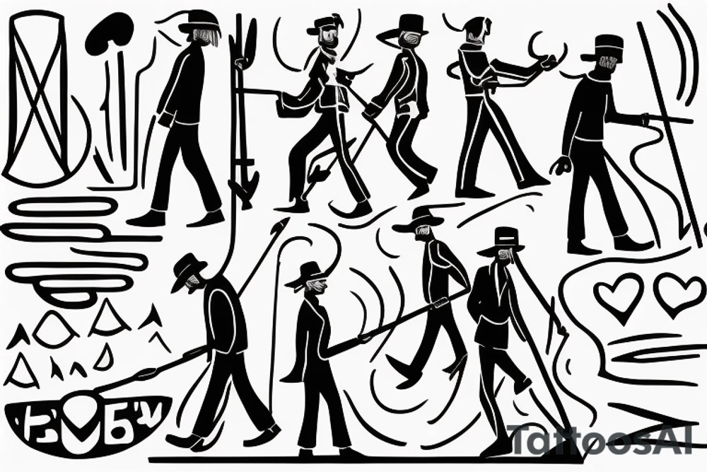 Color: Black lines
Background: Blank
Description: A tall and thin man, walking west, holding a staff in his left hand tattoo idea