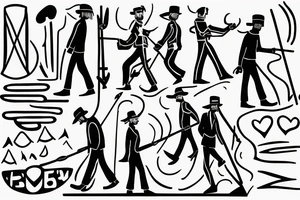 Color: Black lines
Background: Blank
Description: A tall and thin man, walking west, holding a staff in his left hand tattoo idea