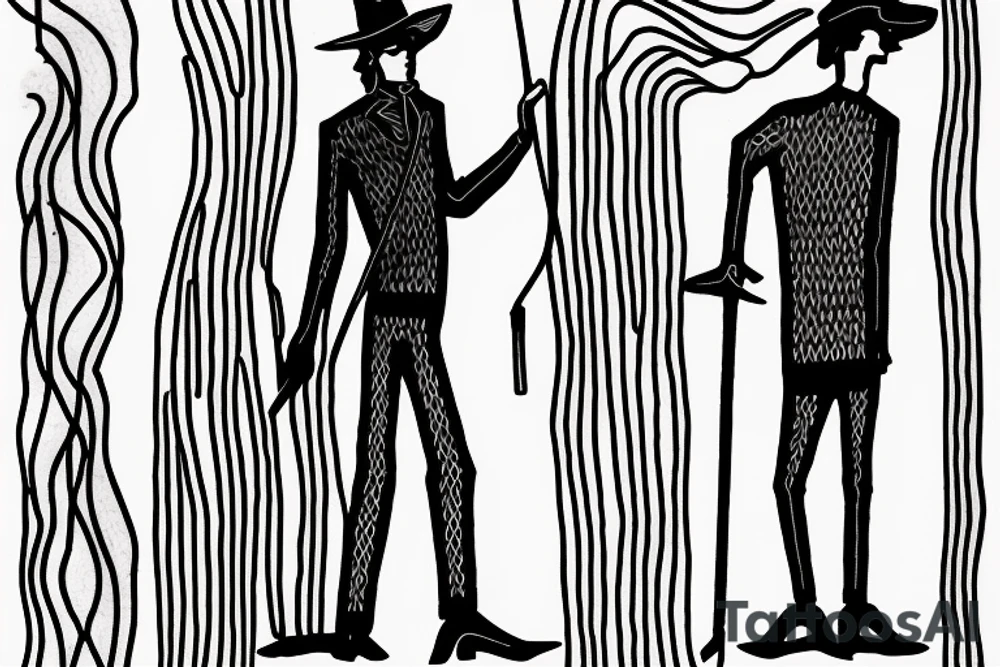 Color: Black lines
Background: Blank
Description: A tall and thin man, walking west, holding a staff in his left hand tattoo idea