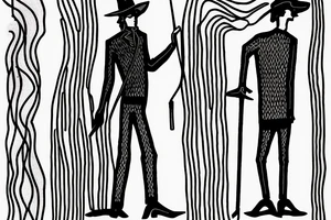Color: Black lines
Background: Blank
Description: A tall and thin man, walking west, holding a staff in his left hand tattoo idea