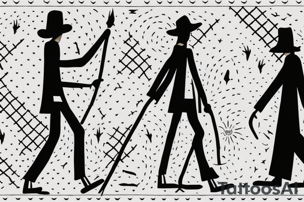 Color: Black lines
Background: Blank
Description: A tall and thin man, walking west, holding a staff in his left hand tattoo idea