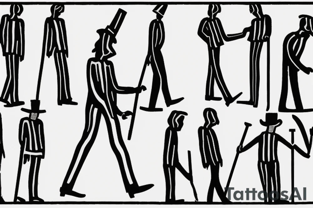 Color: Black lines
Background: Blank
Description: A tall and thin man, walking west, holding a staff in his left hand tattoo idea