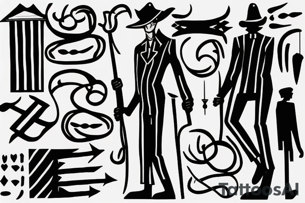 Color: Black lines
Background: Blank
Description: A tall and thin man, walking west, holding a staff in his left hand tattoo idea
