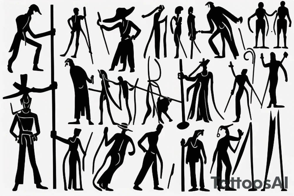 Color: Black lines
Background: Blank
Description: A tall and thin man, walking west from around the fist century, holding a staff in his left hand tattoo idea