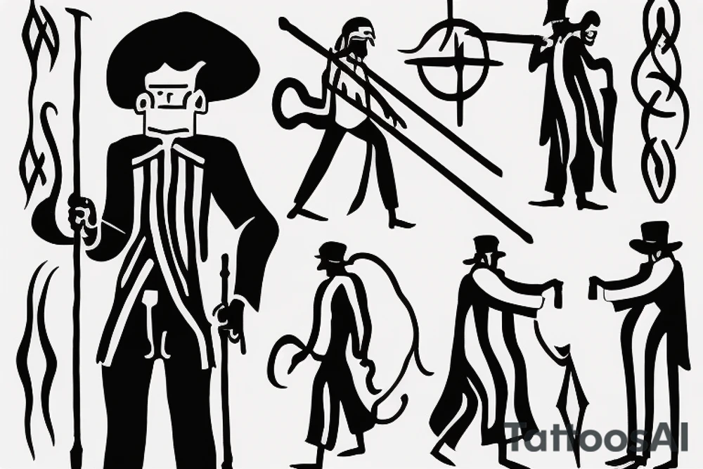 Color: Black lines
Background: Blank
Description: A tall and thin man, walking west from around the fist century, holding a staff in his left hand tattoo idea