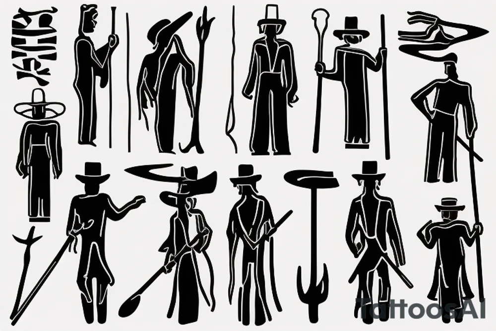 Color: Black lines
Background: Blank
Description: A tall and thin man, walking west from around the fist century, holding a staff in his left hand tattoo idea