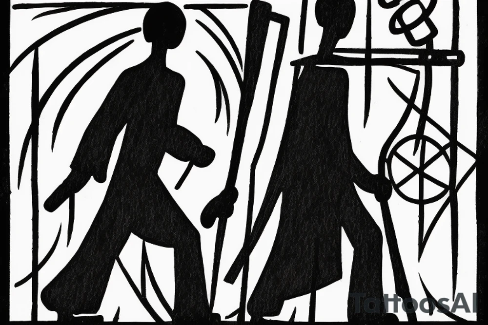 Color: Black lines
Background: Blank
Description: A tall and thin man, walking west from around the fist century, holding a staff in his left hand tattoo idea