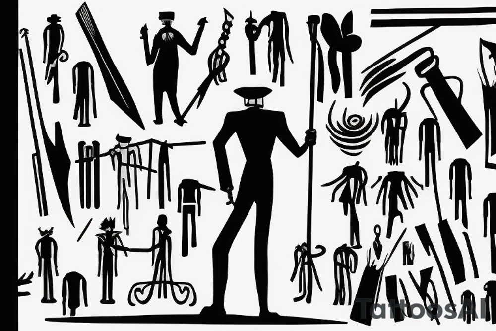 Color: Black lines
Background: Blank
Description: A tall and thin man, walking west from around the fist century, holding a staff in his left hand tattoo idea