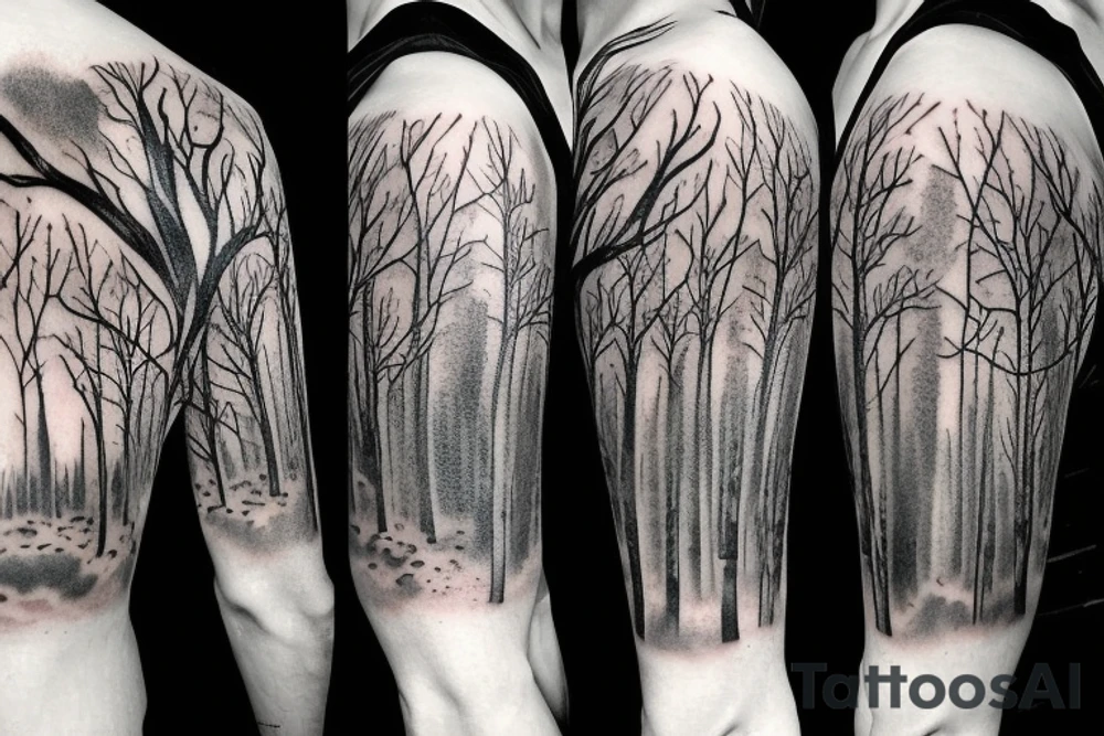 rainy sky with storm clouds transitioning to a sun lit forest with mushrooms on the ground full sleeve tattoo idea