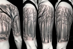 rainy sky with storm clouds transitioning to a sun lit forest with mushrooms on the ground full sleeve tattoo idea