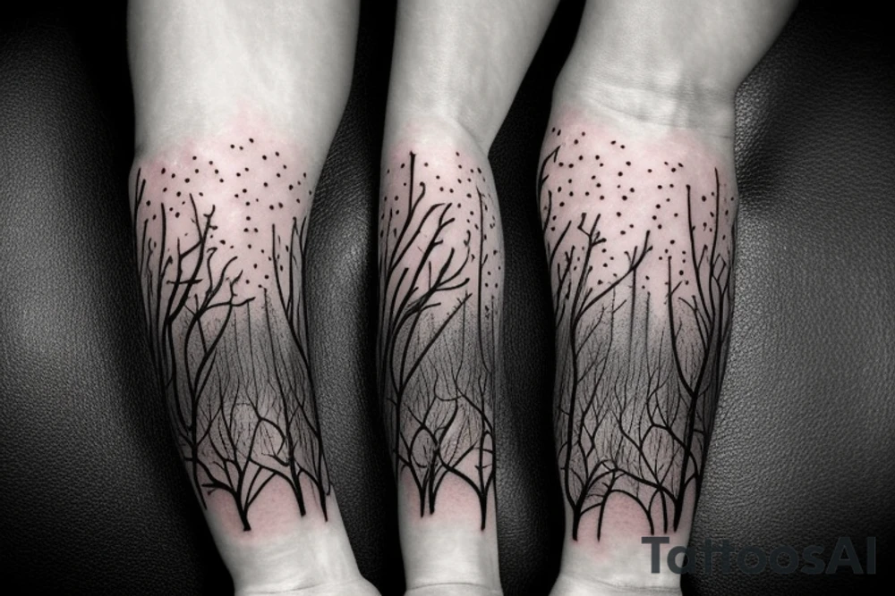 rainy sky with storm clouds transitioning to a sun lit forest with mushrooms on the ground full sleeve tattoo idea