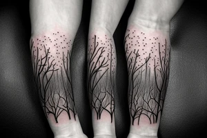 rainy sky with storm clouds transitioning to a sun lit forest with mushrooms on the ground full sleeve tattoo idea