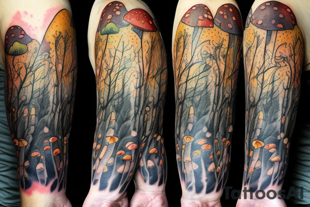 rainy sky with storm clouds transitioning to a sun lit forest with mushrooms on the ground full sleeve tattoo idea