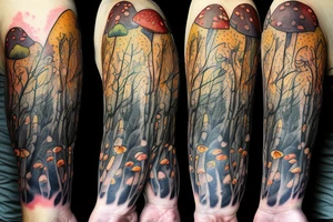 rainy sky with storm clouds transitioning to a sun lit forest with mushrooms on the ground full sleeve tattoo idea
