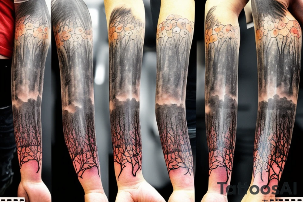 rainy sky with storm clouds transitioning to a sun lit forest with mushrooms on the ground full sleeve tattoo idea