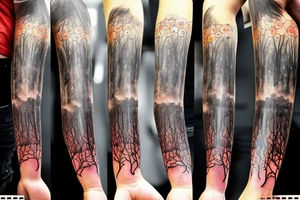 rainy sky with storm clouds transitioning to a sun lit forest with mushrooms on the ground full sleeve tattoo idea