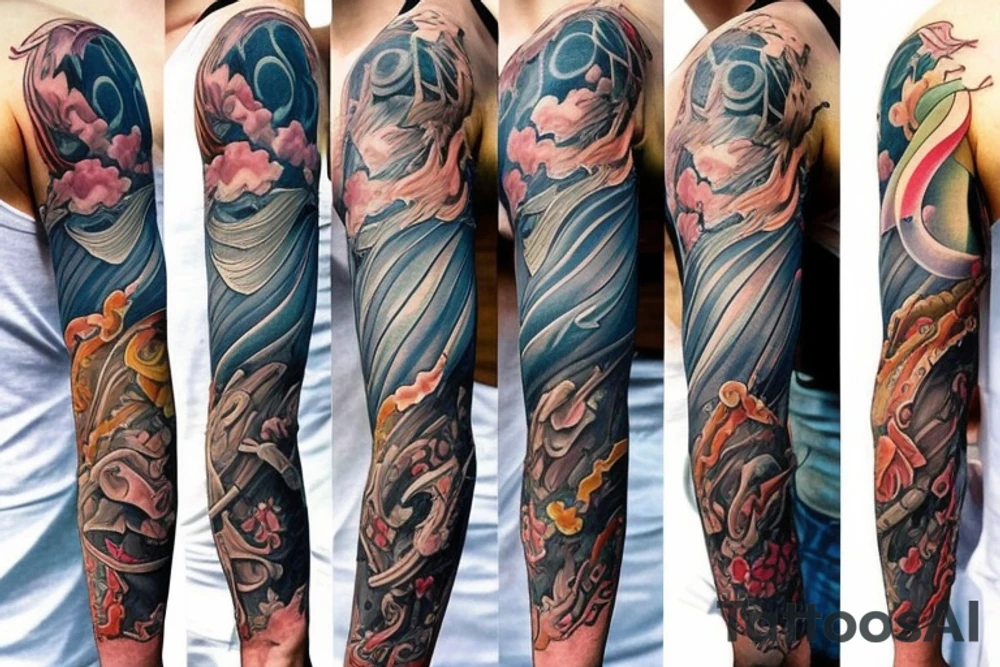 rainy sky with storm clouds with sunlight peeking through full sleeve tattoo idea