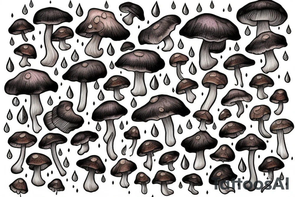 rainy sky with storm clouds with Chanterelle mushrooms tattoo idea