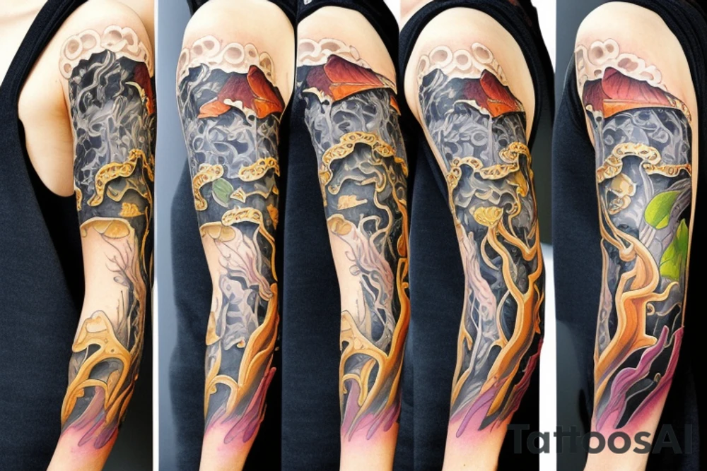 rainy sky with storm clouds with Chanterelle mushrooms full sleeve tattoo idea