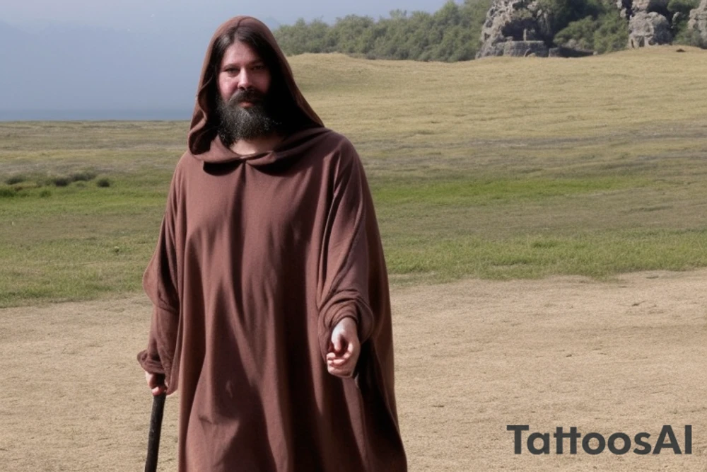 The man is dressed in simple, loose-fitting clothes that are typical of the first century. He is wearing a long tunic, a hooded cloak, and sandals. His hair is long and tied back in a ponytail. He has a long, thin face and a beard. He is holding a staff in his left hand and is walking west. The background is blank.

The drawing is done in black lines on a blank background. The lines are simple and delicate, and they capture the man's thin, wiry frame. The man's face is expressionless, and his eyes are cast down. He seems to be lost in thought as he walks west.

The drawing has a sense of timelessness. The man's clothes and hairstyle are typical of the first century, but the drawing could have been made any time in the past 2,000 years. The blank background also contributes to the sense of timelessness. The man could be walking anywhere, at any time.

The drawing is a simple yet evocative image of a man walking west. It is a reminder that people have been walking west for centuries, in search of new lands, new opportunities, and new beginnings. tattoo idea