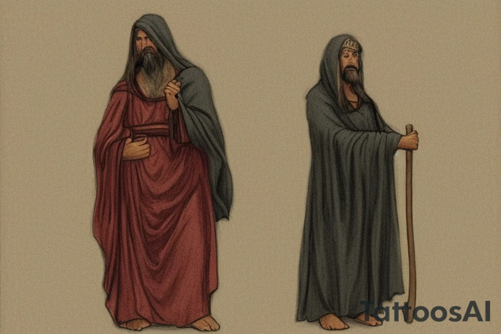 The man is dressed in simple, loose-fitting clothes that are typical of the first century. He is wearing a long tunic, a hooded cloak, and sandals. His hair is long and tied back in a ponytail. He has a long, thin face and a beard. He is holding a staff in his left hand and is walking west. The background is blank.

The drawing is done in black lines on a blank background. The lines are simple and delicate, and they capture the man's thin, wiry frame. The man's face is expressionless, and his eyes are cast down. He seems to be lost in thought as he walks west.

The drawing has a sense of timelessness. The man's clothes and hairstyle are typical of the first century, but the drawing could have been made any time in the past 2,000 years. The blank background also contributes to the sense of timelessness. The man could be walking anywhere, at any time.

The drawing is a simple yet evocative image of a man walking west. It is a reminder that people have been walking west for centuries, in search of new lands, new opportunities, and new beginnings. tattoo idea
