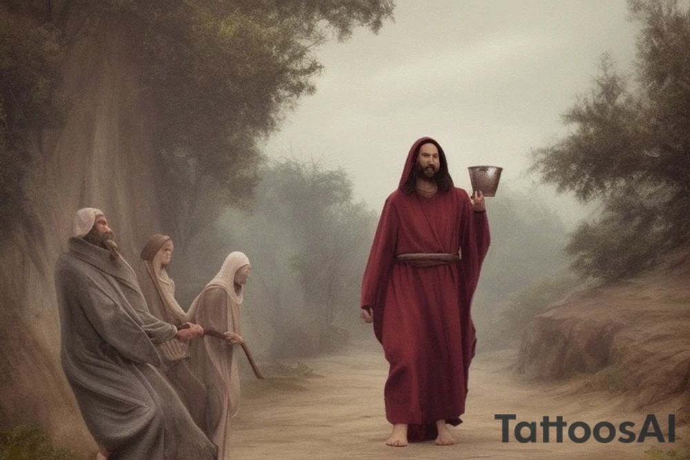 The man is dressed in simple, loose-fitting clothes that are typical of the first century. He is wearing a long tunic, a hooded cloak, and sandals. His hair is long and tied back in a ponytail. He has a long, thin face and a beard. He is holding a staff in his left hand and is walking west. The background is blank.

The drawing is done in black lines on a blank background. The lines are simple and delicate, and they capture the man's thin, wiry frame. The man's face is expressionless, and his eyes are cast down. He seems to be lost in thought as he walks west.

The drawing has a sense of timelessness. The man's clothes and hairstyle are typical of the first century, but the drawing could have been made any time in the past 2,000 years. The blank background also contributes to the sense of timelessness. The man could be walking anywhere, at any time.

The drawing is a simple yet evocative image of a man walking west. It is a reminder that people have been walking west for centuries, in search of new lands, new opportunities, and new beginnings. tattoo idea