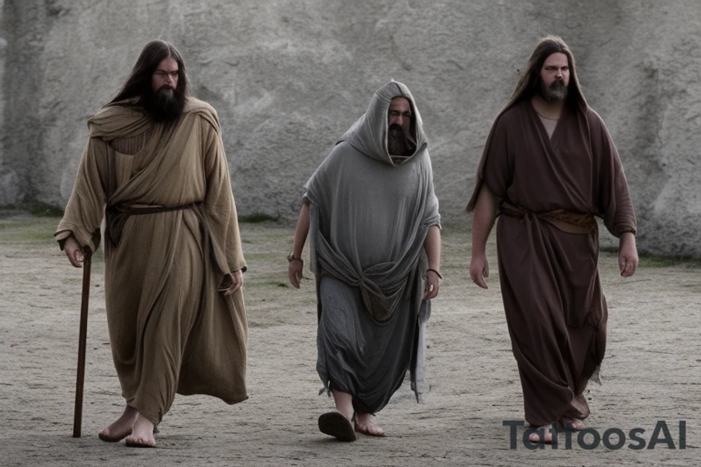 The man is dressed in simple, loose-fitting clothes that are typical of the first century. He is wearing a long tunic, a hooded cloak, and sandals. His hair is long and tied back in a ponytail. He has a long, thin face and a beard. He is holding a staff in his left hand and is walking west. The background is blank.

The drawing is done in black lines on a blank background. The lines are simple and delicate, and they capture the man's thin, wiry frame. The man's face is expressionless, and his eyes are cast down. He seems to be lost in thought as he walks west.

The drawing has a sense of timelessness. The man's clothes and hairstyle are typical of the first century, but the drawing could have been made any time in the past 2,000 years. The blank background also contributes to the sense of timelessness. The man could be walking anywhere, at any time.

The drawing is a simple yet evocative image of a man walking west. It is a reminder that people have been walking west for centuries, in search of new lands, new opportunities, and new beginnings. tattoo idea