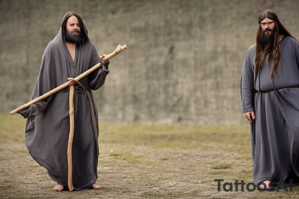 The man is dressed in simple, loose-fitting clothes that are typical of the first century. He is wearing a long tunic, a hooded cloak, and sandals. His hair is long and tied back in a ponytail. He has a long, thin face and a beard. He is holding a staff in his left hand and is walking west. The background is blank.

The drawing is done in black lines on a blank background. The lines are simple and delicate, and they capture the man's thin, wiry frame. The man's face is expressionless, and his eyes are cast down. He seems to be lost in thought as he walks west.

The drawing has a sense of timelessness. The man's clothes and hairstyle are typical of the first century, but the drawing could have been made any time in the past 2,000 years. The blank background also contributes to the sense of timelessness. The man could be walking anywhere, at any time.

The drawing is a simple yet evocative image of a man walking west. It is a reminder that people have been walking west for centuries, in search of new lands, new opportunities, and new beginnings. tattoo idea