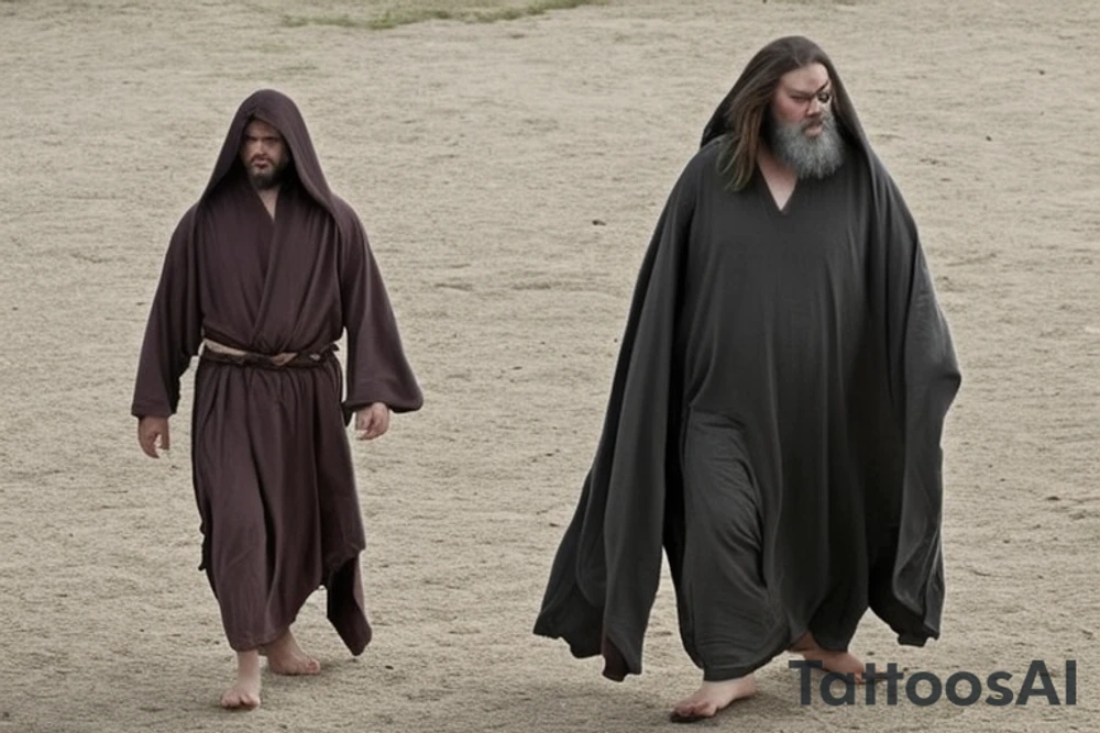 The man is dressed in simple, loose-fitting clothes that are typical of the first century. He is wearing a long tunic, a hooded cloak, and sandals. His hair is long and tied back in a ponytail. He has a long, thin face and a beard. He is holding a staff in his left hand and is walking west. The background is blank.

The drawing is done in black lines on a blank background. The lines are simple and delicate, and they capture the man's thin, wiry frame. The man's face is expressionless, and his eyes are cast down. He seems to be lost in thought as he walks west.

The drawing has a sense of timelessness. The man's clothes and hairstyle are typical of the first century, but the drawing could have been made any time in the past 2,000 years. The blank background also contributes to the sense of timelessness. The man could be walking anywhere, at any time.

The drawing is a simple yet evocative image of a man walking west. It is a reminder that people have been walking west for centuries, in search of new lands, new opportunities, and new beginnings. tattoo idea