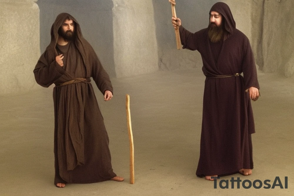 The man is dressed in simple, loose-fitting clothes that are typical of the first century. He is wearing a long tunic, a hooded cloak, and sandals. His hair is long and tied back in a ponytail. He has a long, thin face and a beard. He is holding a staff in his left hand and is walking west. The background is blank.

The drawing is done in black lines on a blank background. The lines are simple and delicate, and they capture the man's thin, wiry frame. The man's face is expressionless, and his eyes are cast down. He seems to be lost in thought as he walks west.

The drawing has a sense of timelessness. The man's clothes and hairstyle are typical of the first century, but the drawing could have been made any time in the past 2,000 years. The blank background also contributes to the sense of timelessness. The man could be walking anywhere, at any time.

The drawing is a simple yet evocative image of a man walking west. It is a reminder that people have been walking west for centuries, in search of new lands, new opportunities, and new beginnings. tattoo idea