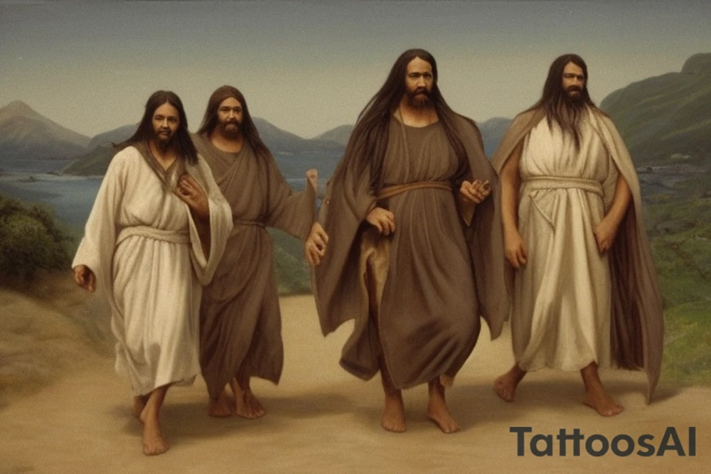 The man is dressed in simple, loose-fitting clothes that are typical of the first century. He is wearing a long tunic, a hooded cloak, and sandals. His hair is long and tied back in a ponytail. He has a long, thin face and a beard. He is holding a staff in his left hand and is walking west. The background is blank.

The drawing is done in black lines on a blank background. The lines are simple and delicate, and they capture the man's thin, wiry frame. The man's face is expressionless, and his eyes are cast down. He seems to be lost in thought as he walks west.

The drawing has a sense of timelessness. The man's clothes and hairstyle are typical of the first century, but the drawing could have been made any time in the past 2,000 years. The blank background also contributes to the sense of timelessness. The man could be walking anywhere, at any time.

The drawing is a simple yet evocative image of a man walking west. It is a reminder that people have been walking west for centuries, in search of new lands, new opportunities, and new beginnings. tattoo idea