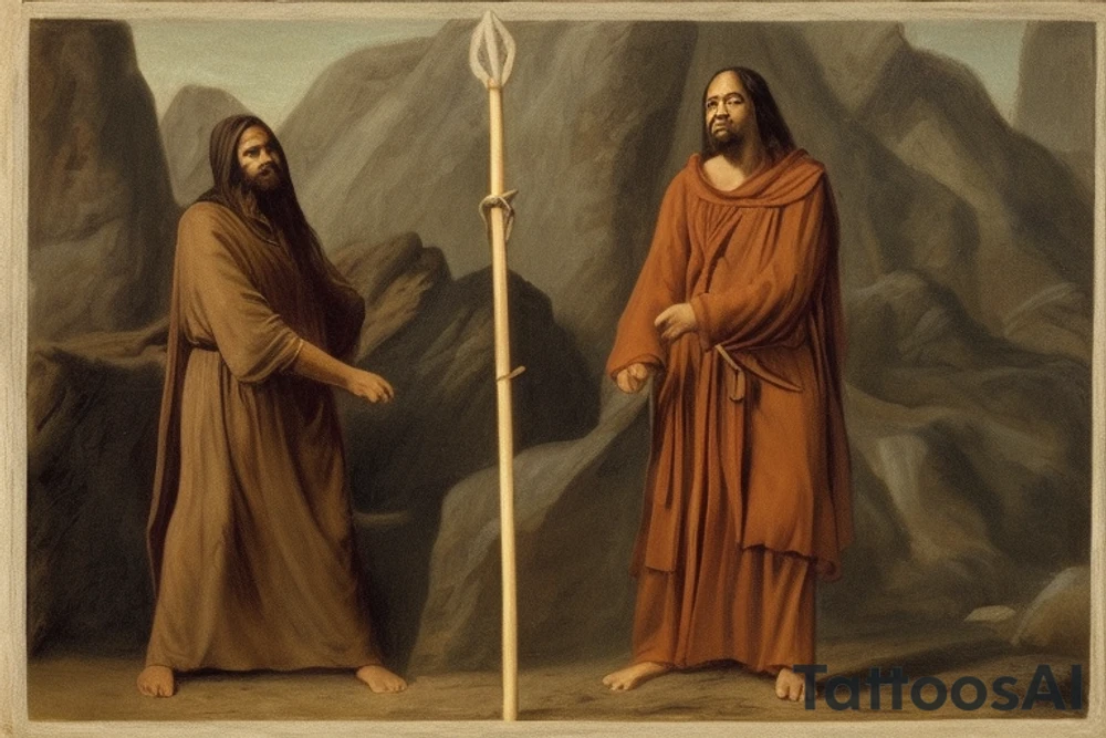 The man is dressed in simple, loose-fitting clothes that are typical of the first century. He is wearing a long tunic, a hooded cloak, and sandals. His hair is long and tied back in a ponytail. He has a long, thin face and a beard. He is holding a staff in his left hand and is walking west. The background is blank.

The drawing is done in black lines on a blank background. The lines are simple and delicate, and they capture the man's thin, wiry frame. The man's face is expressionless, and his eyes are cast down. He seems to be lost in thought as he walks west.

The drawing has a sense of timelessness. The man's clothes and hairstyle are typical of the first century, but the drawing could have been made any time in the past 2,000 years. The blank background also contributes to the sense of timelessness. The man could be walking anywhere, at any time.

The drawing is a simple yet evocative image of a man walking west. It is a reminder that people have been walking west for centuries, in search of new lands, new opportunities, and new beginnings. tattoo idea
