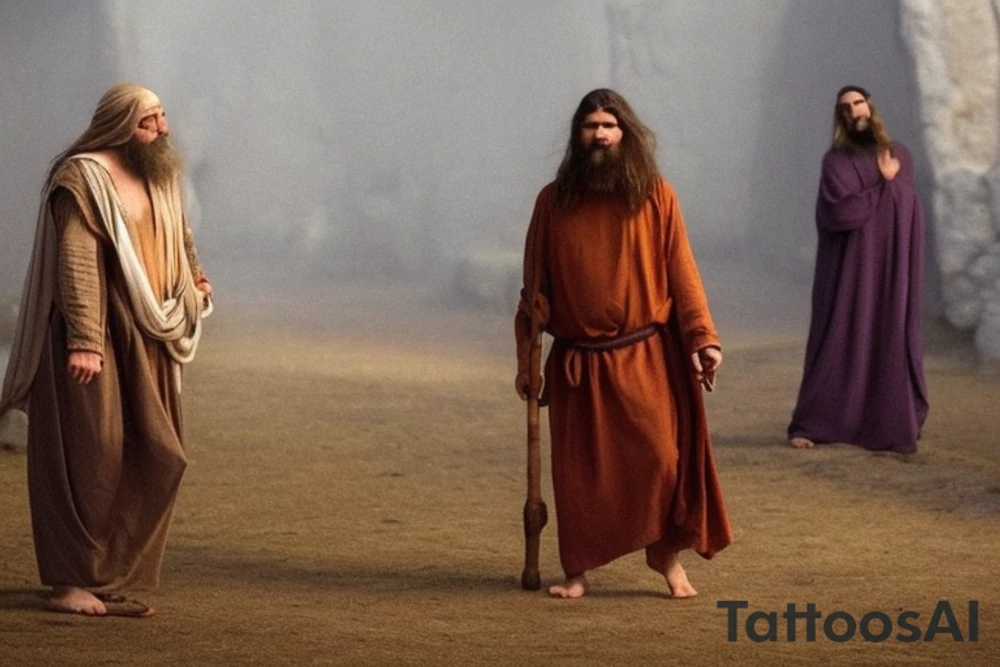 The man is dressed in simple, loose-fitting clothes that are typical of the first century. He is wearing a long tunic, a hooded cloak, and sandals. His hair is long and tied back in a ponytail. He has a long, thin face and a beard. He is holding a staff in his left hand and is walking west. The background is blank.

The drawing is done in black lines on a blank background. The lines are simple and delicate, and they capture the man's thin, wiry frame. The man's face is expressionless, and his eyes are cast down. He seems to be lost in thought as he walks west.

The drawing has a sense of timelessness. The man's clothes and hairstyle are typical of the first century, but the drawing could have been made any time in the past 2,000 years. The blank background also contributes to the sense of timelessness. The man could be walking anywhere, at any time.

The drawing is a simple yet evocative image of a man walking west. It is a reminder that people have been walking west for centuries, in search of new lands, new opportunities, and new beginnings. tattoo idea