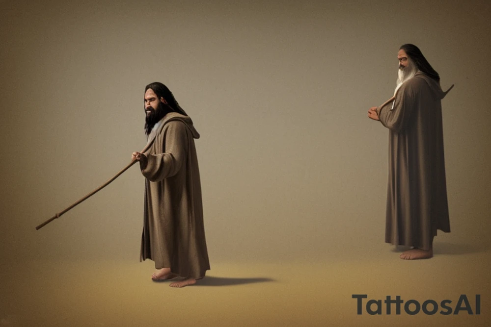 The man is dressed in simple, loose-fitting clothes that are typical of the first century. He is wearing a long tunic, a hooded cloak, and sandals. His hair is long and tied back in a ponytail. He has a long, thin face and a beard. He is holding a staff in his left hand and is walking west. The background is blank.

The drawing is done in black lines on a blank background. The lines are simple and delicate, and they capture the man's thin, wiry frame. The man's face is expressionless, and his eyes are cast down. He seems to be lost in thought as he walks west.

The drawing has a sense of timelessness. The man's clothes and hairstyle are typical of the first century, but the drawing could have been made any time in the past 2,000 years. The blank background also contributes to the sense of timelessness. The man could be walking anywhere, at any time.

The drawing is a simple yet evocative image of a man walking west. It is a reminder that people have been walking west for centuries, in search of new lands, new opportunities, and new beginnings. tattoo idea