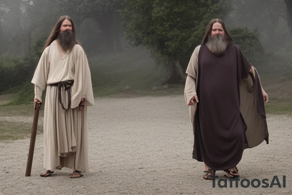 The man is dressed in simple, loose-fitting clothes that are typical of the first century. He is wearing a long tunic, a hooded cloak, and sandals. His hair is long and tied back in a ponytail. He has a long, thin face and a beard. He is holding a staff in his left hand and is walking west. The background is blank.

The drawing is done in black lines on a blank background. The lines are simple and delicate, and they capture the man's thin, wiry frame. The man's face is expressionless, and his eyes are cast down. He seems to be lost in thought as he walks west.

The drawing has a sense of timelessness. The man's clothes and hairstyle are typical of the first century, but the drawing could have been made any time in the past 2,000 years. The blank background also contributes to the sense of timelessness. The man could be walking anywhere, at any time.

The drawing is a simple yet evocative image of a man walking west. It is a reminder that people have been walking west for centuries, in search of new lands, new opportunities, and new beginnings. tattoo idea