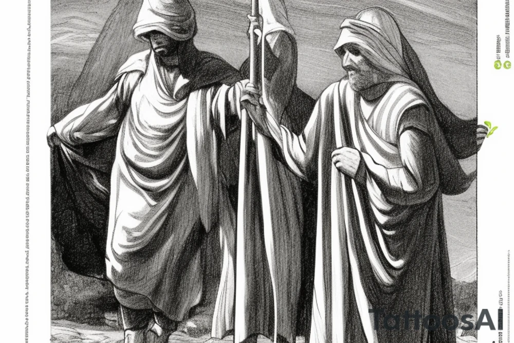 The man is dressed in simple clothes that are typical of the first century. He is wearing a long tunic, a hooded thick cloak, and sandals. His wears a tunica with a white fabric around this head. He is holding a thick staff in his left hand and is walking west. The background is blank.

The drawing is done in black lines on a blank background. The lines are simple and delicate, and they capture the man's thin, wiry frame. He seems to be lost in thought as he walks west. tattoo idea