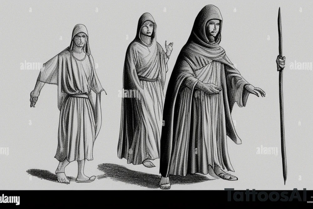 The man is dressed in simple clothes that are typical of the first century. He is wearing a long tunic, a hooded thick cloak, and sandals. His wears a tunica with a white fabric around this head. He is holding a thick staff in his left hand and is walking west. The background is blank.

The drawing is done in black lines on a blank background. The lines are simple and delicate, and they capture the man's thin, wiry frame. He seems to be lost in thought as he walks west. tattoo idea
