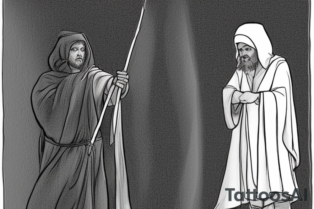 The man is dressed in simple clothes that are typical of the first century. He is wearing a long tunic, a hooded thick cloak, and sandals. His wears a tunica with a white fabric around this head. He is holding a thick staff in his left hand and is walking west. The background is blank.

The drawing is done in black lines on a blank background. The lines are simple and delicate, and they capture the man's thin, wiry frame. He seems to be lost in thought as he walks west. tattoo idea