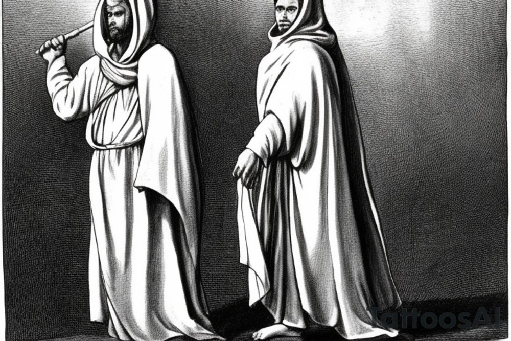 The man is dressed in simple clothes that are typical of the first century. He is wearing a long tunic, a hooded thick cloak, and sandals. His wears a tunica with a white fabric around this head. He is holding a thick staff in his left hand and is walking west. The background is blank.

The drawing is done in black lines on a blank background. The lines are simple and delicate, and they capture the man's thin, wiry frame. He seems to be lost in thought as he walks west. tattoo idea