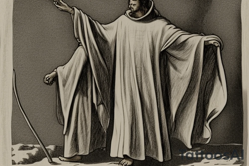 The man is dressed in simple clothes that are typical of the first century. He is wearing a long tunic, a hooded thick cloak, and sandals. His wears a tunica with a white fabric around this head. He is holding a thick staff in his left hand and is walking west. The background is blank.

The drawing is done in black lines on a blank background. The lines are simple and delicate, and they capture the man's thin, wiry frame. He seems to be lost in thought as he walks west. tattoo idea