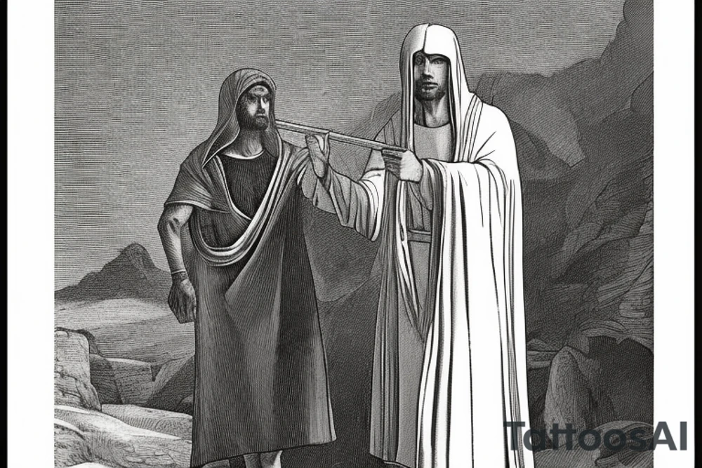 The man is dressed in simple clothes that are typical of the first century. He is wearing a long tunic, a hooded thick cloak, and sandals. His wears a tunica with a white fabric around this head. He is holding a thick staff in his left hand and is walking west. The background is blank.

The drawing is done in black lines on a blank background. The lines are simple and delicate, and they capture the man's thin, wiry frame. He seems to be lost in thought as he walks west. tattoo idea