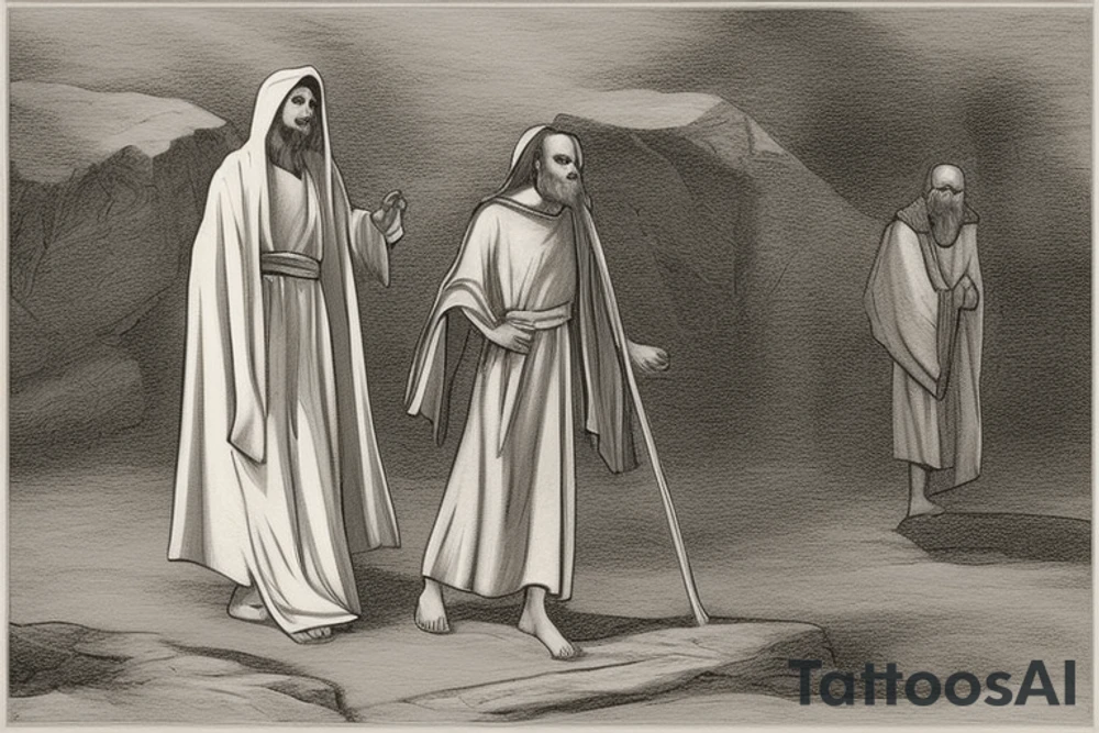 The man is dressed in simple clothes that are typical of the first century. He is wearing a long tunic, a hooded thick cloak, and sandals. His wears a tunica with a white fabric around this head. He is holding a thick staff in his left hand and is walking west. The background is blank.

The drawing is done in black lines on a blank background. The lines are simple and delicate, and they capture the man's thin, wiry frame. He seems to be lost in thought as he walks west. tattoo idea
