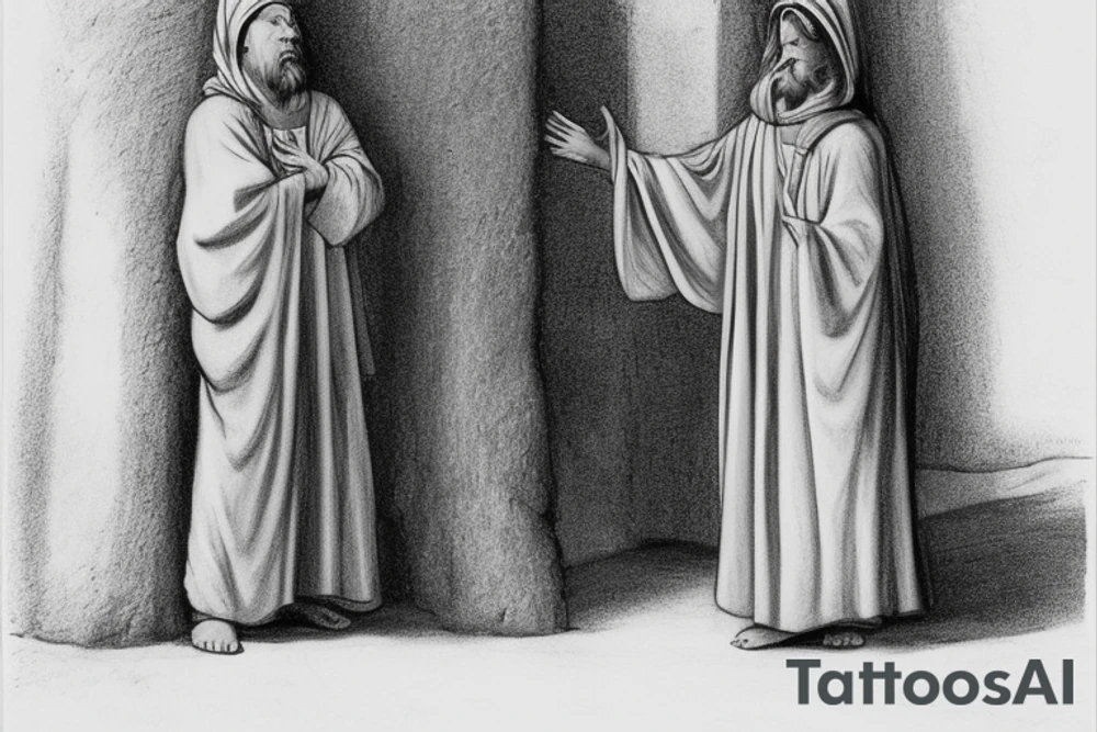 The man is dressed in simple clothes that are typical of the first century. He is wearing a long tunic, a hooded thick cloak, and sandals. His wears a tunica with a white fabric around this head. He is holding a thick staff in his left hand and is walking west. The background is blank.

The drawing is done in black lines on a blank background. The lines are simple and delicate, and they capture the man's thin, wiry frame. He seems to be lost in thought as he walks west. tattoo idea