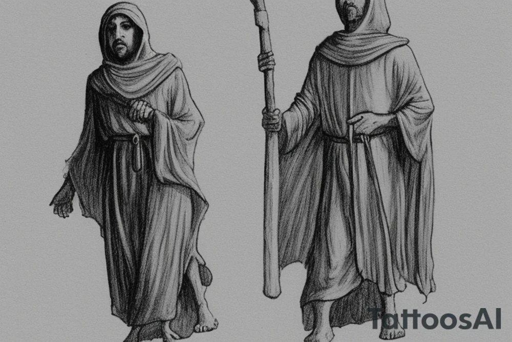 The man is dressed in simple clothes that are typical of the first century. He is wearing a long tunic, a hooded thick cloak, and sandals. His wears a tunica with a white fabric around this head. He is holding a thick staff in his left hand and is walking west. The background is blank.

The drawing is done in black lines on a blank background. The lines are simple and delicate, and they capture the man's thin, wiry frame. He seems to be lost in thought as he walks west. tattoo idea