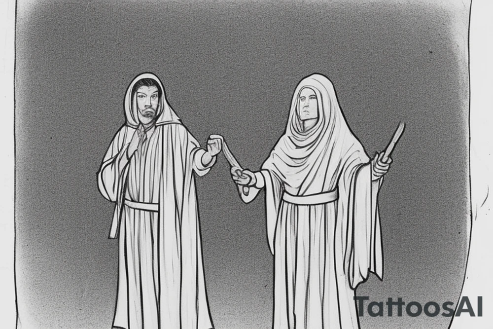 The man is dressed in simple clothes that are typical of the first century. He is wearing a long tunic, a hooded thick cloak, and sandals. His wears a tunica with a white fabric around this head. He is holding a thick staff in his left hand and is walking west. The background is blank.

The drawing is done in black lines on a blank background. The lines are simple and delicate, and they capture the man's thin, wiry frame. He seems to be lost in thought as he walks west. tattoo idea