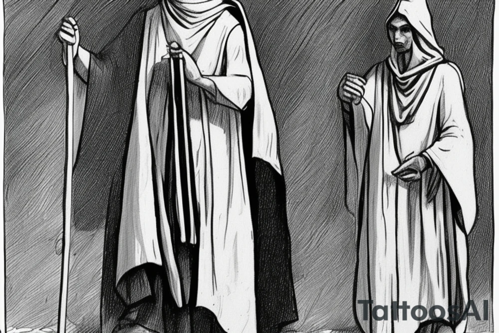 The man is dressed in simple clothes that are typical of the first century. He is wearing a long tunic, a hooded thick cloak, and sandals. His wears a tunica with a white fabric around this head. He is holding a thick staff in his left hand and is walking west. The background is blank.

The drawing is done in black lines on a blank background. The lines are simple and delicate, and they capture the man's thin, wiry frame. He seems to be lost in thought as he walks west. tattoo idea