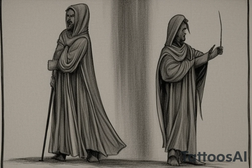 The man is dressed in simple clothes that are typical of the first century. He is wearing a long tunic, a hooded thick cloak, and sandals. His wears a tunica with a white fabric around this head. He is holding a thick staff in his left hand and is walking west. The background is blank.

The drawing is done in black lines on a blank background. The lines are simple and delicate, and they capture the man's thin, wiry frame. He seems to be lost in thought as he walks west. tattoo idea