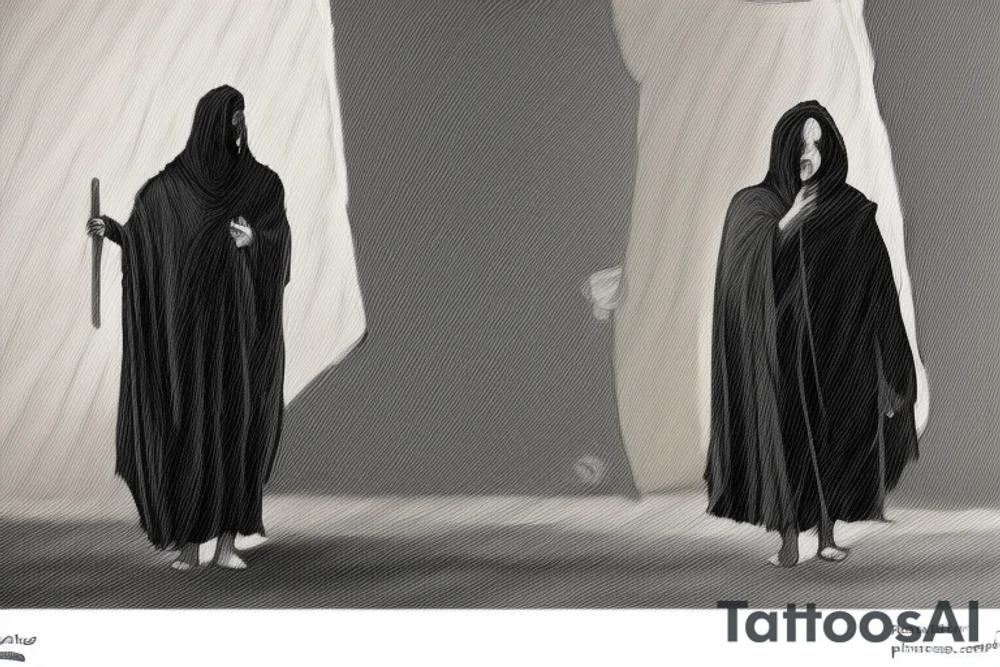 The man is dressed in simple clothes that are typical of the first century. He is wearing a long tunic, a hooded thick cloak, and sandals. His wears a tunica with a white fabric around this head. He is holding a thick staff in his left hand and is walking west. The background is blank.

The drawing is done in black lines on a blank background. The lines are simple and delicate, and they capture the man's thin, wiry frame. He seems to be lost in thought as he walks west. tattoo idea